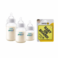 Set mamadera anticolic 125 260 330ml + Letrero bebe a bordo