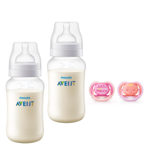 Pack 2 Mamaderas Anticolic 330 ml + 2 Chupetes 6-18m Pink Decorado