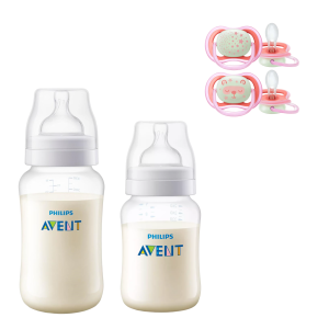 Mamaderas Anticolic 260 y 330 ml + 2 Chupetes 6-18m Nocturnos
