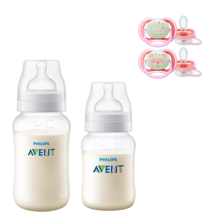 Mamaderas Anticolic 260 y 330 ml + 2 Chupetes 6-18m Nocturnos