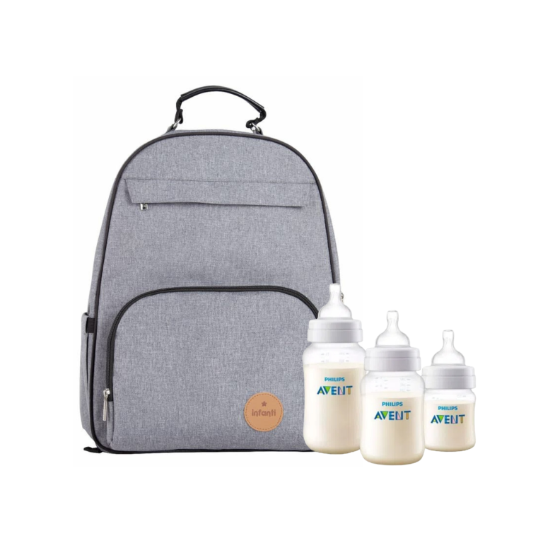 MOCHILA MATERNAL OAK GRIS MÁS SET  3 MAMADERAS