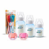 3 Mamaderas Blue + Set de 2 chupetes Pink 6-18 meses y 4 Cucharas