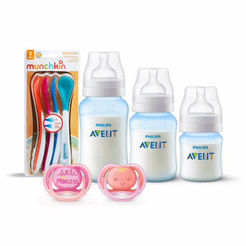 3 Mamaderas Blue + Set de 2 chupetes Pink deco 6-18 meses y 4 Cucharas