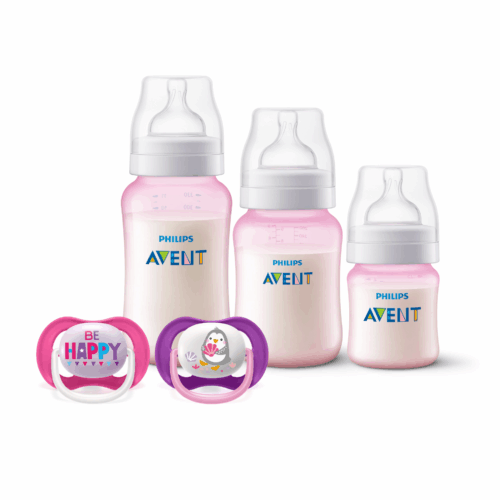 Set 3 Mamaderas Pink + Set de 2 chupetes 6-18 meses PingÜino