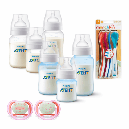 Set 6 Mamaderas Bicolor Blanco y Celeste, Cucharas termosensibles y 2 Chupetes 6-18meses