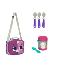 Pack Escolar Animales Lonchera Flamenco + Termo Llama  y 3 cucharas Lavanda