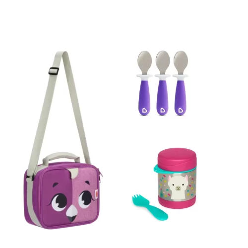 Pack Escolar Animales Lonchera Flamenco + Termo Llama  y 3 cucharas Lavanda