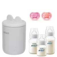 Kit Esencial para Bebé Calentador Milan, 3 Mamaderas y 2 Chupetes Rosa decorados Avent
