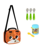 Pack Escolar Animales Lonchera León + Termo Jirafa  y 3 cucharas verde