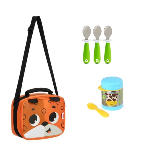 Pack Escolar Animales Lonchera León + Termo Jirafa  y 3 cucharas verde