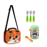 Pack Escolar Animales Lonchera León + Termo Mapache  y 3 cucharas verde