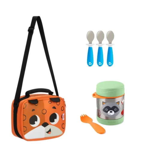 Pack Escolar Animales Lonchera León + Termo Mapache  y 3 cucharas azules