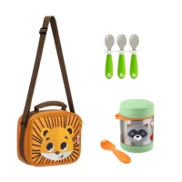 Pack Escolar Animales Lonchera Jaguar + Termo Mapache  y 3 cucharas verdes