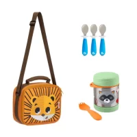 Pack Escolar Animales Lonchera Jaguar + Termo Mapache  y 3 cucharas azules