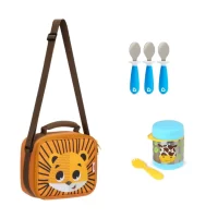 Pack Escolar Animales Lonchera Jaguar + Termo Jirafa  y 3 cucharas azules
