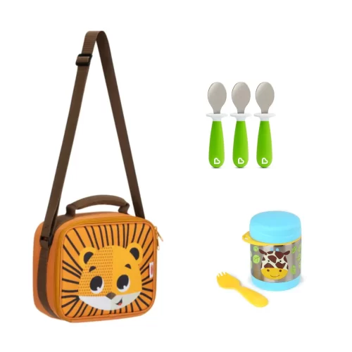 Pack Escolar Animales Lonchera Jaguar + Termo Jirafa  y 3 cucharas verdes