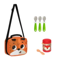 Pack Escolar Animales Lonchera León + Termo Zorro  y 3 cucharas verde