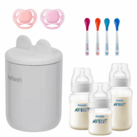 Set Bebé Calentador Milan, 3 Mamaderas Avent, 2 Chupetes rosa y 4 Cucharas