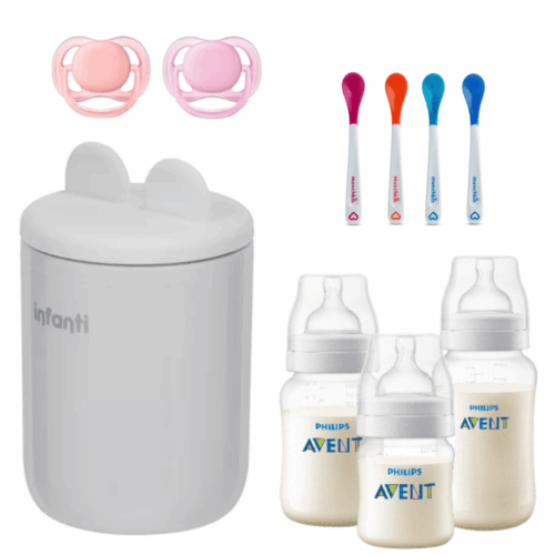 Set Bebé Calentador Milan, 3 Mamaderas Avent, 2 Chupetes rosa y 4 Cucharas