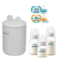 Kit Esencial para Bebé Calentador Milan, 3  Mamaderas y 2 Chupetes Pinguino Avent