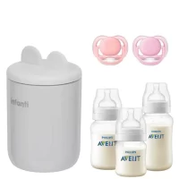 Kit Esencial para Bebé Calentador Milan, 3 Mamaderas y 2 Chupetes Rosa Avent