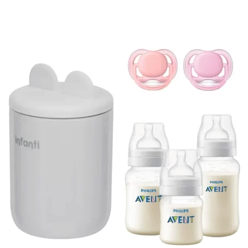 Kit Esencial para Bebé Calentador Milan, 3 Mamaderas y 2 Chupetes Rosa Avent